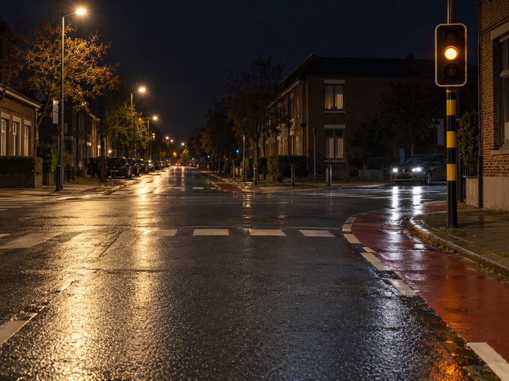 Kruispunt bij nacht, verkeerslicht knippert oranje.