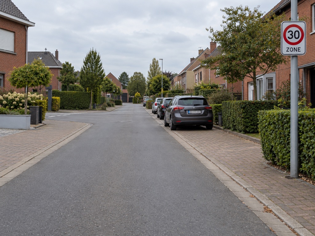 Begin van een woonwijk met zonebord 30.