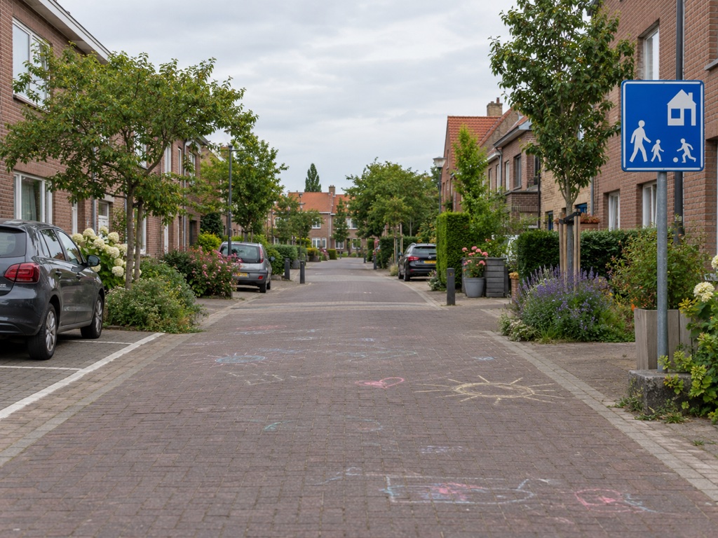 Rechthoekig blauw bord met wit pictogram van huizen, een voetganger, een spelend kind en een auto.