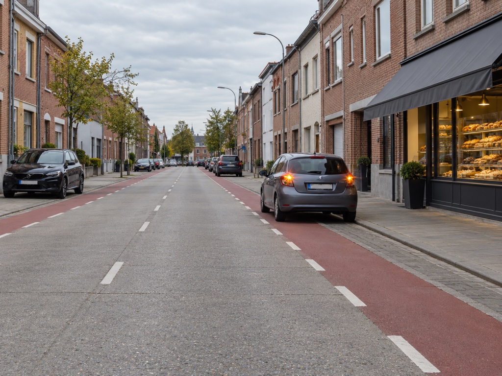 Auto met de bestuurder achter het stuur langs de stoeprand voor een bakkerij.