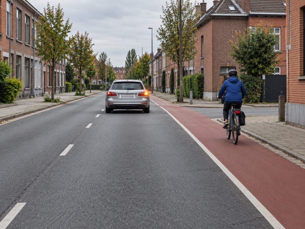 Auto met rechter knipperlicht, fietser schuin rechts achter de auto.
